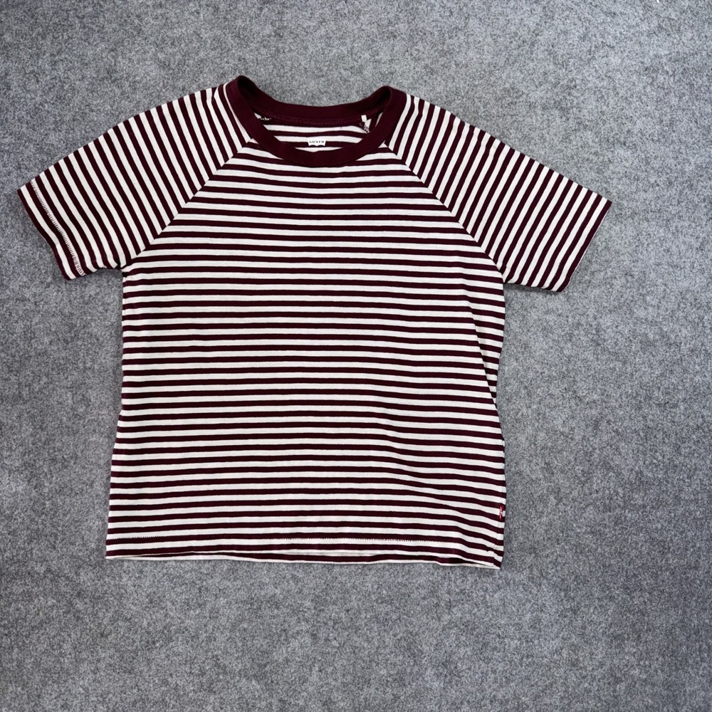 Levi's Raglan Stripe T-Shirt XS Burgundy White 100% Cotton Short Sleeve Tee